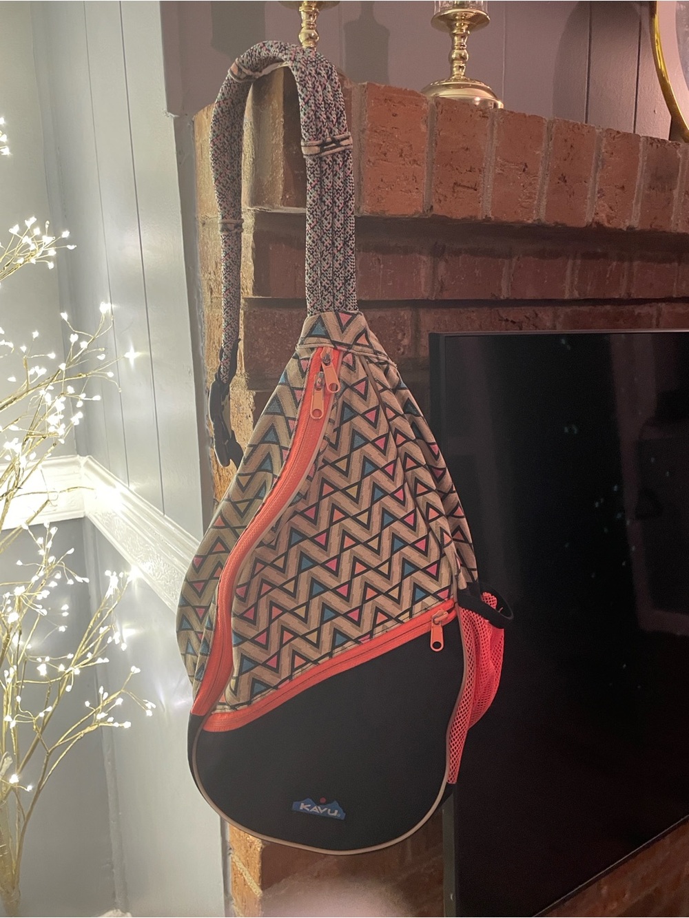 Kavu Multicolor Geometric Crossbody Sling with Coral Trim